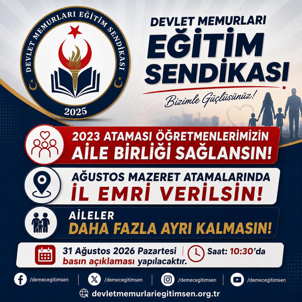 Metin_DEMEC_16's tweet photo. 2023 ataması öğretmenlerimizin uzun süredir devam eden aile birliği mağduriyetlerinin sona erdirilmesi ve Ağustos ayı mazerete bağlı yer değişikliği sürecinde il emri bekleyen öğretmenlerimizin haklı taleplerinin karşılık bulması için sesimizi yükseltiyoruz.

Bu mesele yalnızca atama bekleyen öğretmenlerimizin değil; ailenin, emeğin, adaletin ve eğitim çalışanlarının temel haklarının meselesidir.

Eşinden, çocuklarından ve ailesinden ayrı bırakılan öğretmenlerimizin sesi olmak; aile bütünlüğünün korunmasını ve mazeret atamalarında kalıcı, adil ve insani çözümler üretilmesini talep etmek amacıyla 31 Ağustos 2026 Pazartesi günü saat 10.30’da basın açıklaması gerçekleştireceğiz.

Başta eğitim çalışanlarımız olmak üzere; sendikalarımızı, sivil toplum kuruluşlarını, basın mensuplarını ve aile birliğinin korunmasına duyarlılık gösteren tüm kamuoyunu haklı mücadelemize destek vermeye ve basın açıklamamıza katılmaya davet ediyoruz.

2023 ATAMASI ÖĞRETMENLERİMİZİN AİLE BİRLİĞİ SAĞLANSIN!

AĞUSTOS MAZERET ATAMALARINDA İL EMRİ VERİLSİN!
AİLELER DAHA FAZLA AYRI KALMASIN!

Öğretmenlerimiz yalnız değildir.
Birlikte yükselteceğimiz güçlü ses, ailelerin yeniden kavuşmasına umut olacaktır.

#MaarifinMimarindanilEmri
#2023EylülAtamaOkulAçılmadan

@demecegitimsen 
@tcmeb 
@Yusuf__Tekin 
@cftcblnt 
@2026ilemri