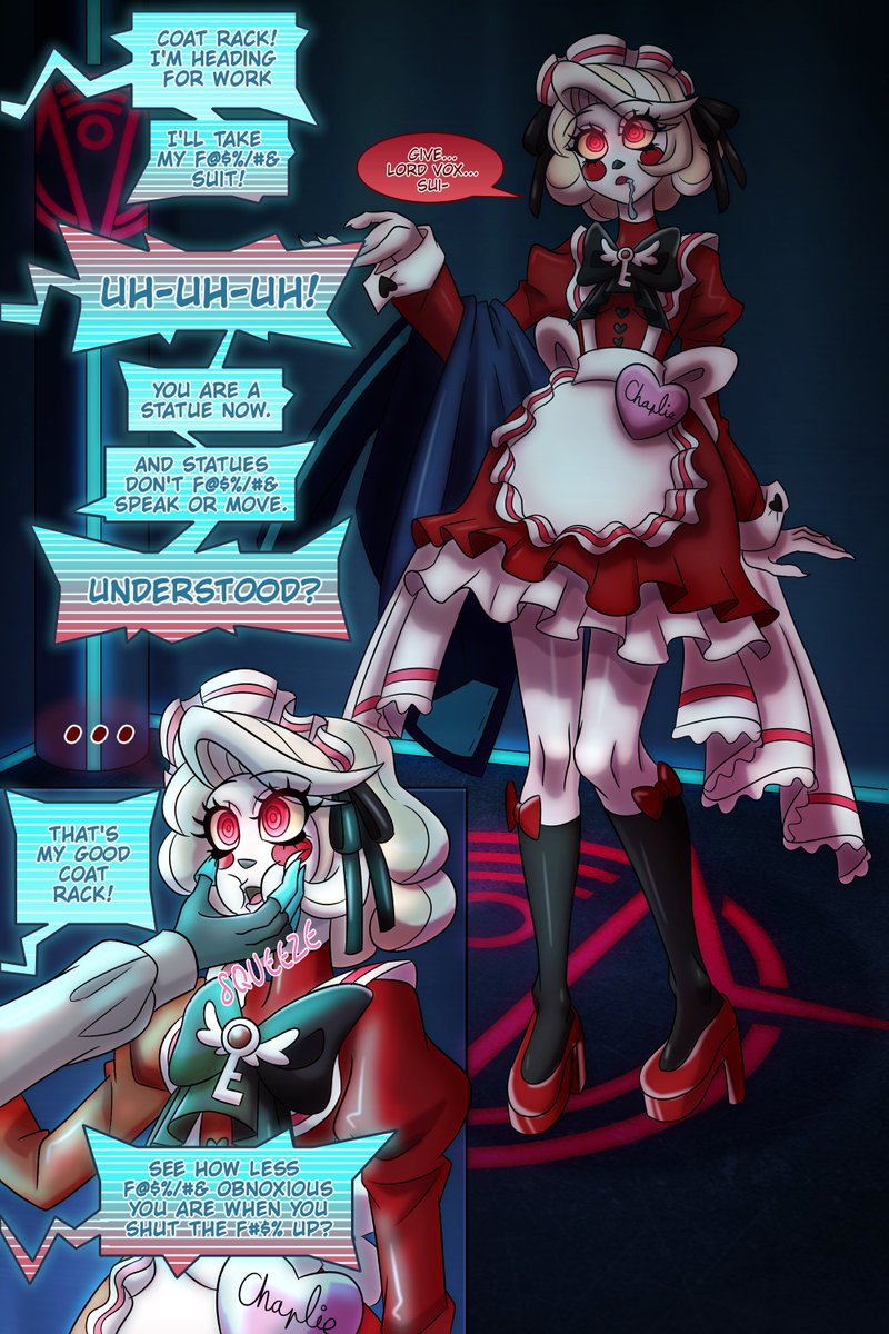 AsfrLex's tweet photo. "Now that Vox took over Hell, its little sunshine princess has become a royal luxury coat rack!
No more speeches about "redemption", but complete silence instead.
Royalty finally serving a purpose, right?"

Little comic of Charlie being hypnotized I did for fun
Enjoy!
#hypnosis https://t.co/c5G9pPL1YK