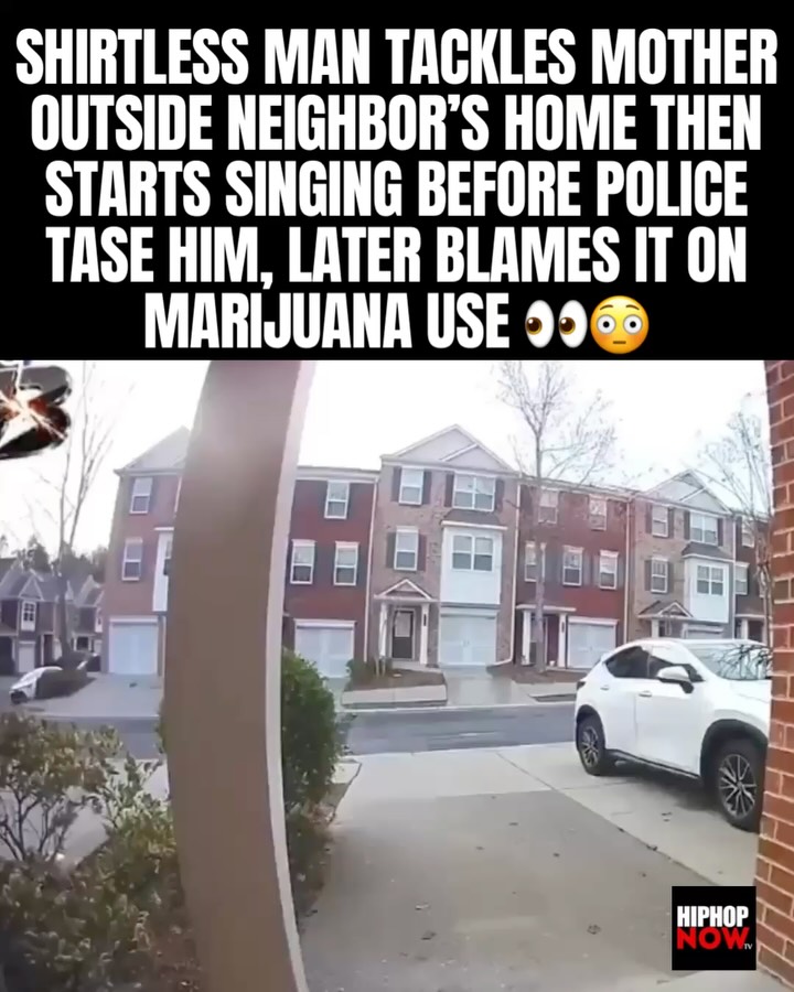JuliaFantip's tweet photo. Shirtless man tackles mother outside neighbor’s home, then starts singing before police tase him, later blames it on marijuana use 👀😳 https://t.co/bRrbuXtuRm