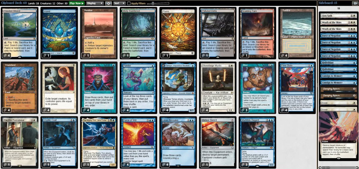 BeExcellent80s's tweet photo. Another 4-1 today with UW control, this time with Stoneforge Mystic and Thor!

League goes live in 8 days or tonight for channel members.

I think Murktide is the key to winning with control decks in legacy right now. I'm going to be building more decks that lean into him. https://t.co/V4pP2qOzuC