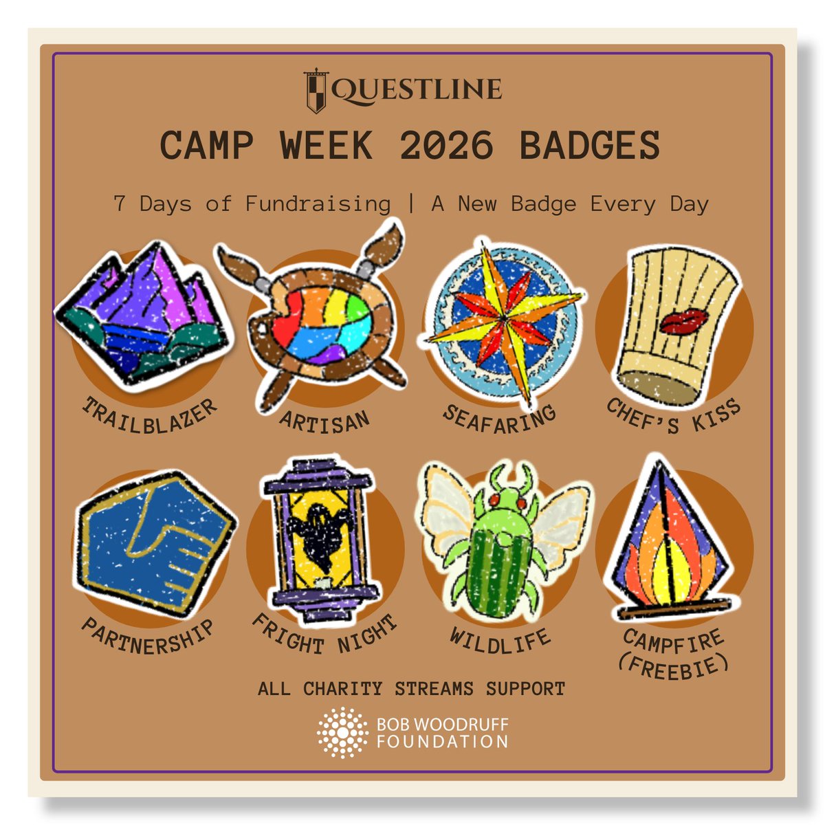 QuestlineGuild's tweet photo. It's about to get wild...because it's the last day of #CampWeek26 supporting @bwforg! 
Today, campers are earning the Wildlife Badge, with games like Animal Crossing, Palworld, Pokémon, &amp; even a nature lesson! 🐛🌳🐻
Help us end the week strong, go here: https://t.co/cp7rGtSpf3 https://t.co/YwGo6iZpFK
