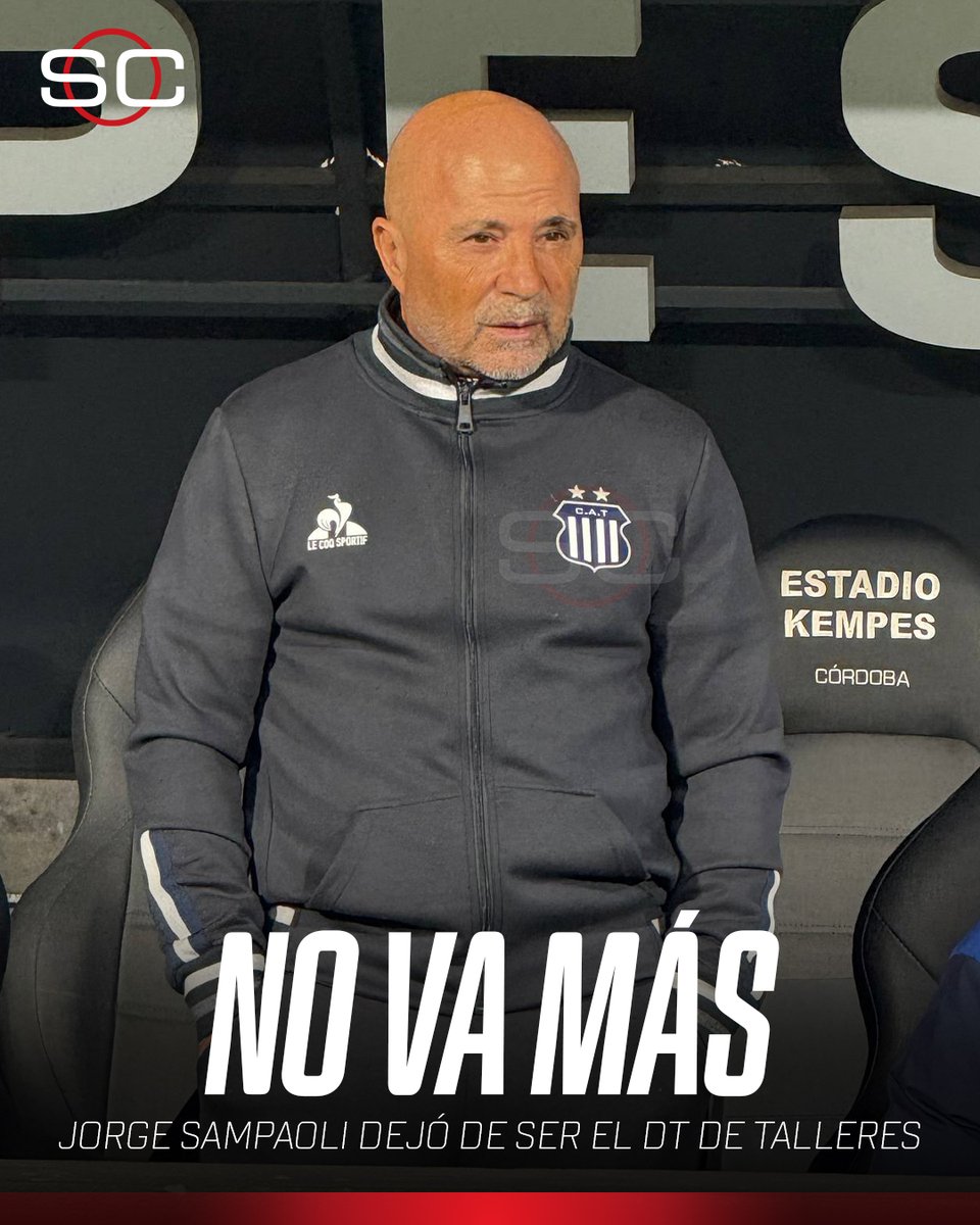 SC_ESPN's tweet photo. #AHORA - JORGE SAMPAOLI DEJÓ DE SER EL ENTRENADOR DE TALLERES

Dirigió 7 partidos con la T:
✅ Ganó 1
🤝 Empató 2
✖️ Perdió 4 https://t.co/ZSVE7R6exE