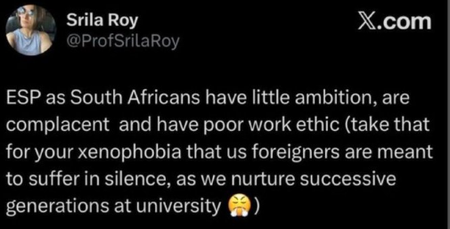AmaMpondomise1's tweet photo. Friendly reminder that this university still employs Professor Srila Roy a foreign national, tweeted that South Africans are ‘lazy, complacent and have no ambition’. She said this in February. 6 Months later Wits University has done nothing nor said anything about it. https://t.co/VVUDxwaM3y