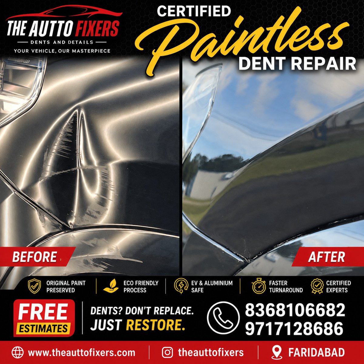 HangViers's tweet photo. Your luxury car deserves its original paint. At The Autto Fixers, Faridabad, we restore suitable dents with Paintless Dent Repair, preserving the factory finish. Serving premium car owners across Delhi NCR. Call 8368106682 or 9717128686. https://t.co/AfLR4D38C8