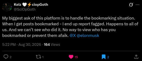BitterZoomer83's tweet photo. @SciOpGoth @X @elonmusk One of the two bookmarks on this post is me. Kek! https://t.co/ahkmkvu8TT