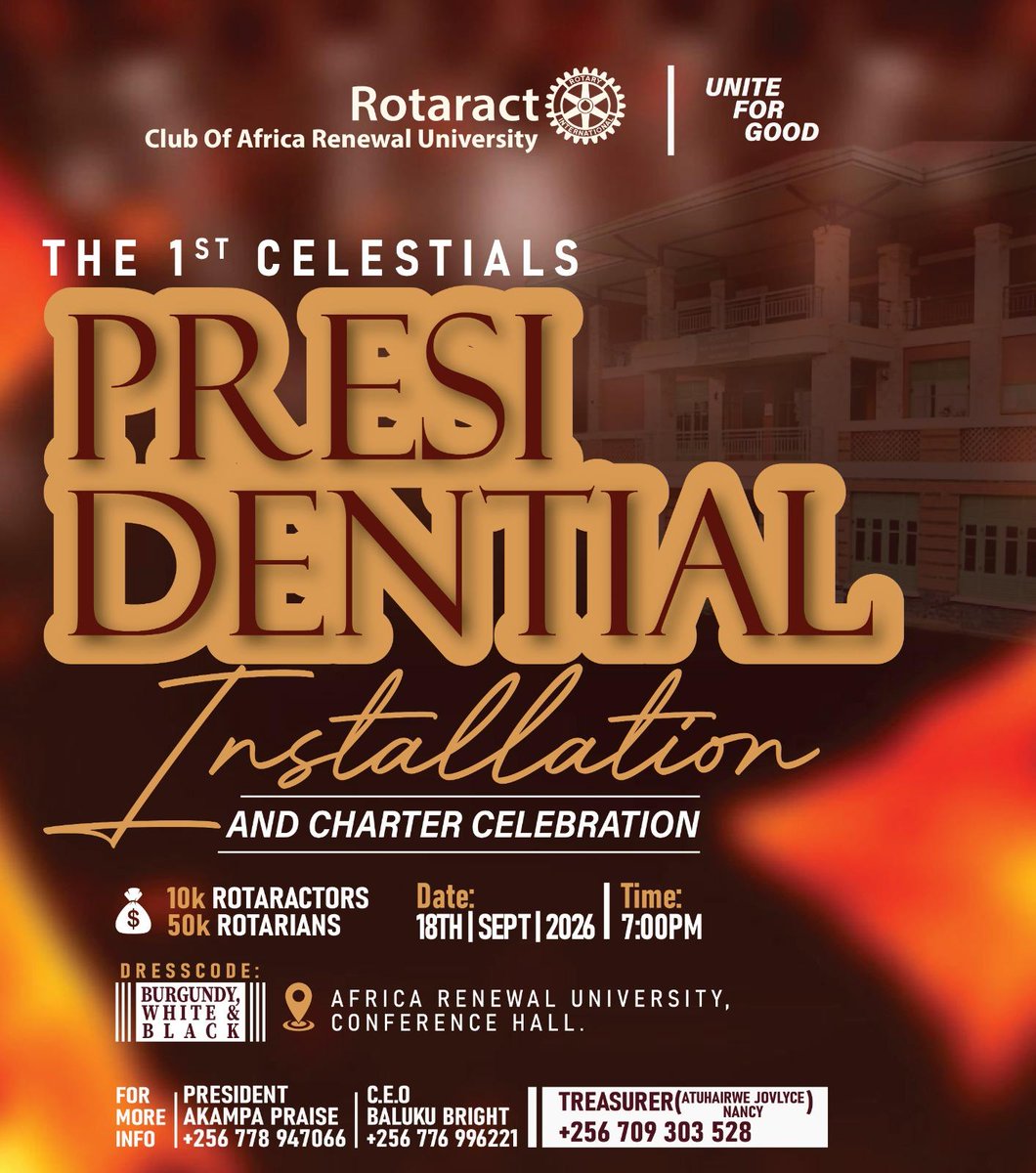 RotaractAfRU's tweet photo. THE CELESTIALS ARE CALLING!

A new era. A new leadership. A historic night. 🔥

📅 18 Sept 2026 | 7PM
📍  Conference Hall

Join us for the 1st Presidential Installation &amp; Charter Celebration of @RotaractAfRU. 🥂

🎫 Grab your tickets TODAY >

#RotaractAfRU | #UniteForGood https://t.co/fo92aPfNcV