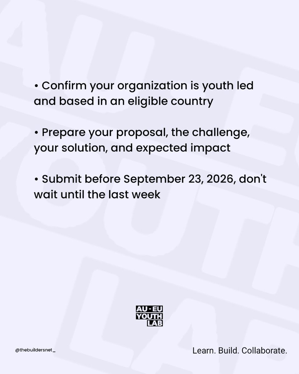 thebuildersnet_'s tweet photo. €40,000. For youth led organizations building real solutions across Africa.
AU-EU Youth Action Lab Innovation Grants. 12 eligible countries.
Ages 18 to 35. 
Deadline: September 23, 2026.
@AUEUYouthLab
Builders who move early win. https://t.co/Z9bpevwbQ5