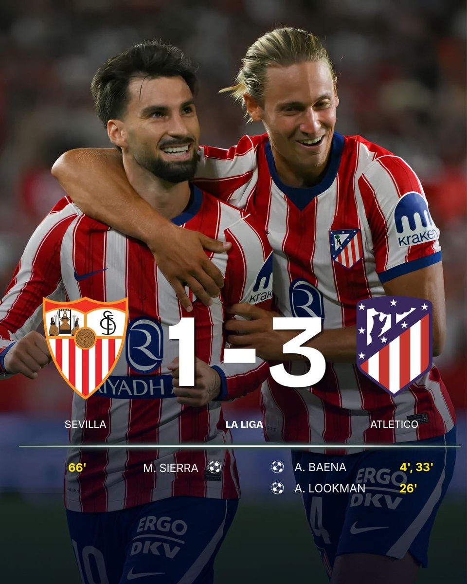 eFans's tweet photo. BAENA BRACE FIRES ATLÉTICO 🔥🔴

Atlético Madrid went to the Ramón Sánchez-Pizjuán and left with a statement win.

Álex Baena scored twice.
Ademola Lookman added another.

Sevilla pulled one back through Miguel Sierra, but Atlético had already done the damage.

Big away win. Big Baena performance.

Is Baena becoming Atlético’s new main man?

#AtleticoMadrid #Sevilla #LaLiga #Football #eFans
