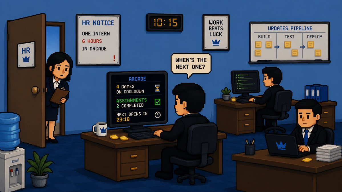 NineToFiveSim's tweet photo. HR noticed one Intern has been in the Arcade for 6 hours

they went downstairs to check on him

he had 4 games on cooldown
two completed assignments
and was asking when the next one opens
HR left him alone

employee of the month behavior https://t.co/0eRDXtZonU