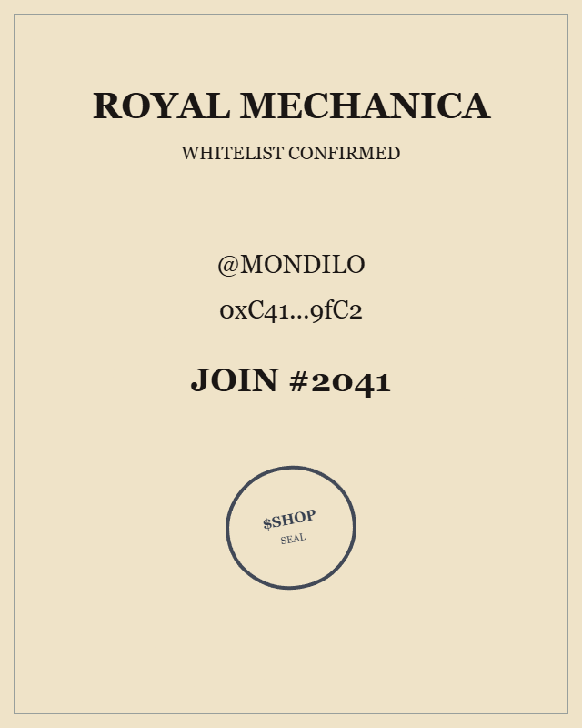 Mondilo_ADA's tweet photo. Just joined the Royal Mechanica whitelist.
Join #2041
@RoyalMechanica https://t.co/GBds7IJV7C