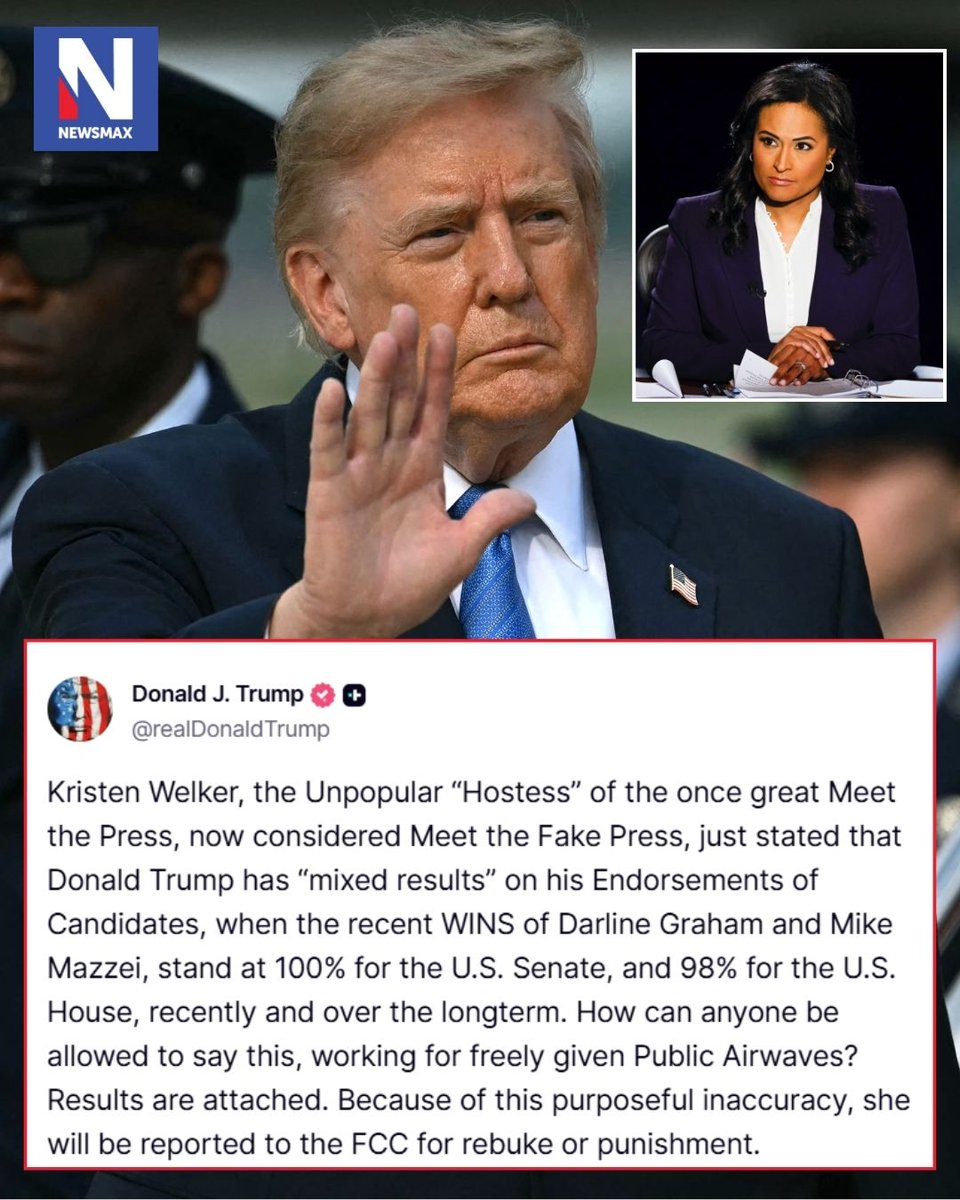 NEWSMAX's tweet photo. President Donald Trump said in ‌a Truth Social post on Sunday that NBC's Kristen Welker will be reported to the Federal Communications Commission for "rebuke or punishment," after he said she reported the Republican president had mixed results in his endorsement of candidates. Read more: https://t.co/bgZusdL4as