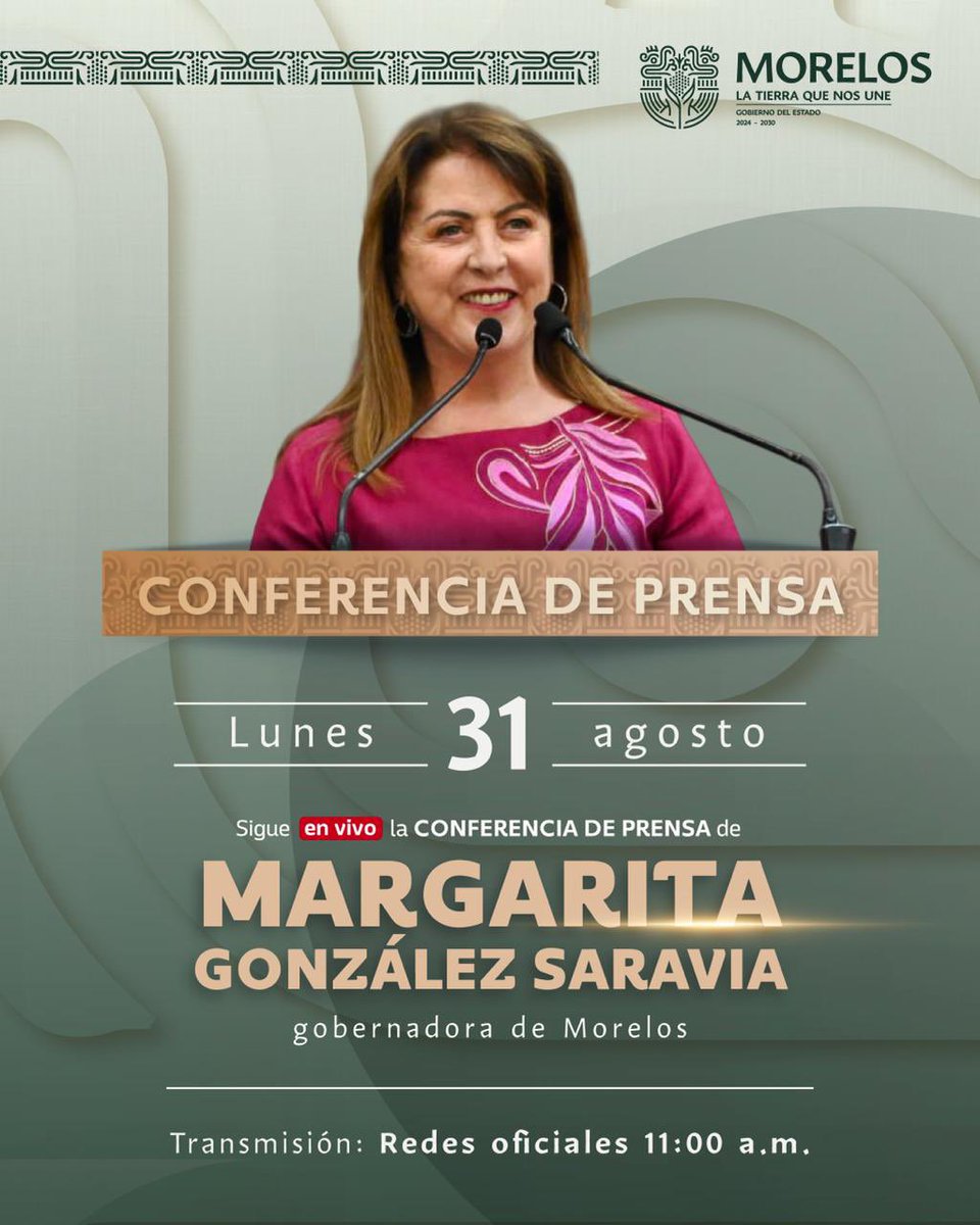 sspc_morelos's tweet photo. Los invitamos a seguir en vivo por las redes sociales oficiales, la conferencia de prensa que encabezará nuestra gobernadora @margarita_gs, mañana lunes 31 de agosto a las 11hrs.

Los esperamos! https://t.co/rPKvyIuYDq