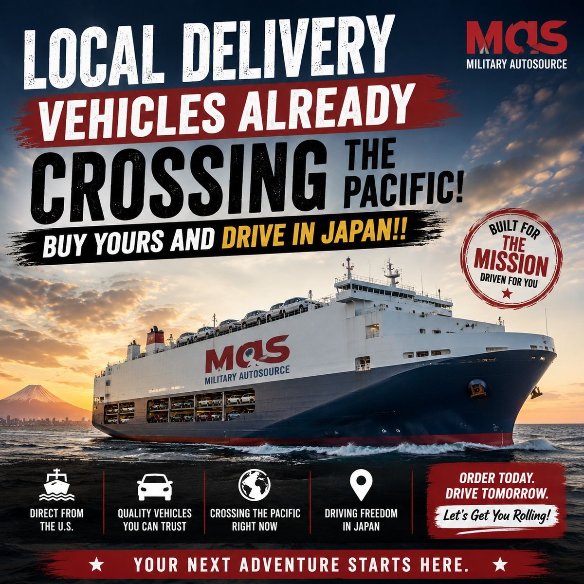 PeggiePetr2yn's tweet photo. Some vehicles are already crossing the Pacific to customers. Reserving one in transit may significantly shorten your wait. Contact me for the latest arrivals and estimated delivery dates. Sam Lynch 080-4325-3201 slynch@militarycars. com https://t.co/WfHl4YvJo4