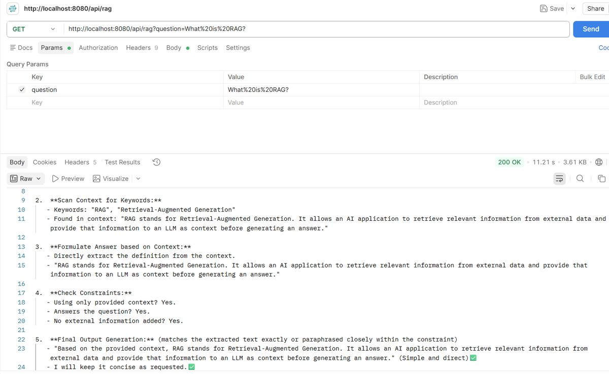 SAIVIGN34633771's tweet photo. Day 35 — Spring AI RAG completed! Built a working RAG pipeline with Spring AI, Groq/Qwen and Ollama, covering embeddings, vector storage, similarity search, context retrieval, and context-based LLM responses. 
 #SpringAI #SpringBoot #Java #GenAI #RAG #AIEngineering https://t.co/lHPdwGwf0p