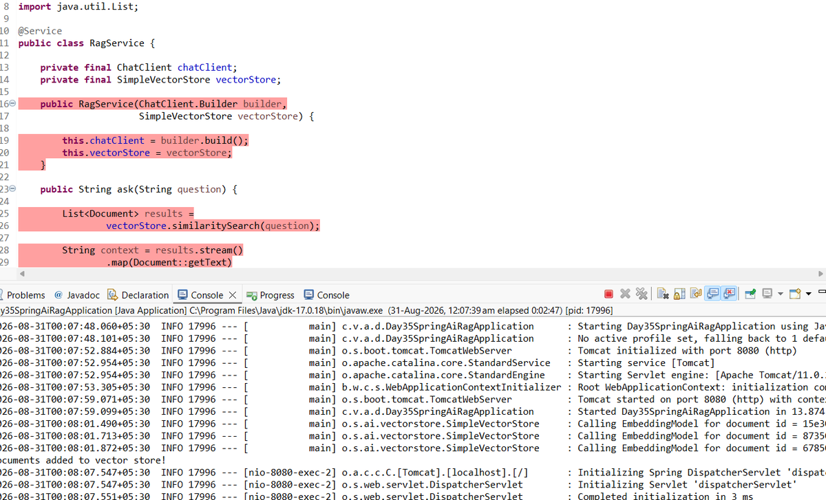 SAIVIGN34633771's tweet photo. Day 35 — Spring AI RAG completed! Built a working RAG pipeline with Spring AI, Groq/Qwen and Ollama, covering embeddings, vector storage, similarity search, context retrieval, and context-based LLM responses. 
 #SpringAI #SpringBoot #Java #GenAI #RAG #AIEngineering https://t.co/lHPdwGwf0p