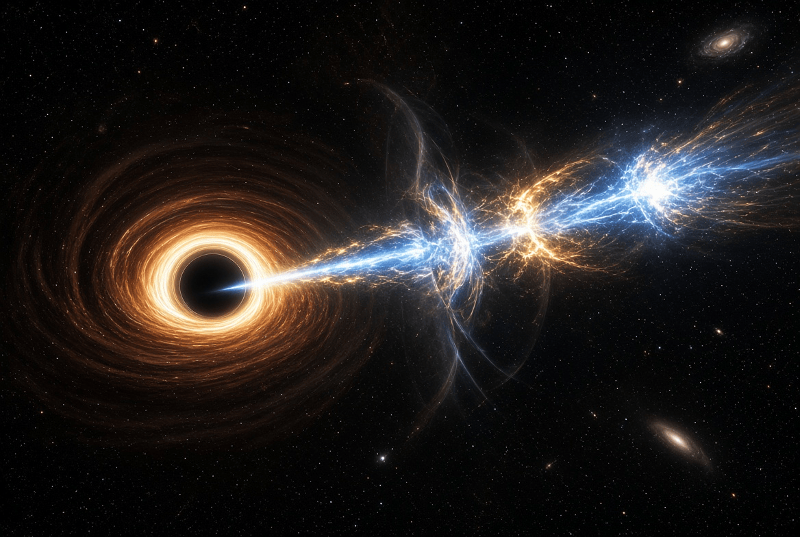 konstructivizm's tweet photo. A jet from a starving supermassive black hole is being bent and brightened by something we cannot see.

The object is the blazar PKS 2233-148: a distant quasar whose twin plasma beams happen to point almost straight at Earth. Matter spirals toward the black hole; what the hole does not swallow is flung outward at nearly the speed of light. Those jets are among the most violent particle accelerators in the cosmos—and long-standing suspects for the origin of high-energy neutrinos, the “ghost particles” that IceCube sometimes catches after they have crossed the universe almost untouched.

Then the jet did something it should not. Radio maps and the gamma-ray light curve showed features that look like a gravitational lens: sudden brightness changes, odd course corrections, structures that appear magnified and distorted. Einstein predicted this in 1915. Normally the lens is a galaxy or a cluster sitting neatly in front of the source. Here there is no visible galaxy in the right place.

The only mass left that can do the job is a compact clump of dark matter—an unseen subhalo sitting along the line of sight, warping spacetime just enough to magnify the jet. The alignment is fleeting. As Earth, the blazar, and the dark-matter knot drift relative to one another, the lensing will fade. That is why such events are rare and why this one matters: it may be the first clear hint of dark-matter substructure caught in the act of lensing a black-hole jet.

If the same geometry also boosts the neutrino output, then blazars like this one become laboratories twice over. We get a magnifying glass on how jets launch and accelerate particles, and a possible fingerprint of the invisible scaffolding that holds galaxies together.

Silke Britzen and colleagues published the analysis in the Monthly Notices of the Royal Astronomical Society. They are now hunting for more of these short-lived alignments. Each one is a brief coincidence: a ravenous black hole, a near-light-speed jet, and a ghost of dark matter standing in just the right spot to make both of them louder.