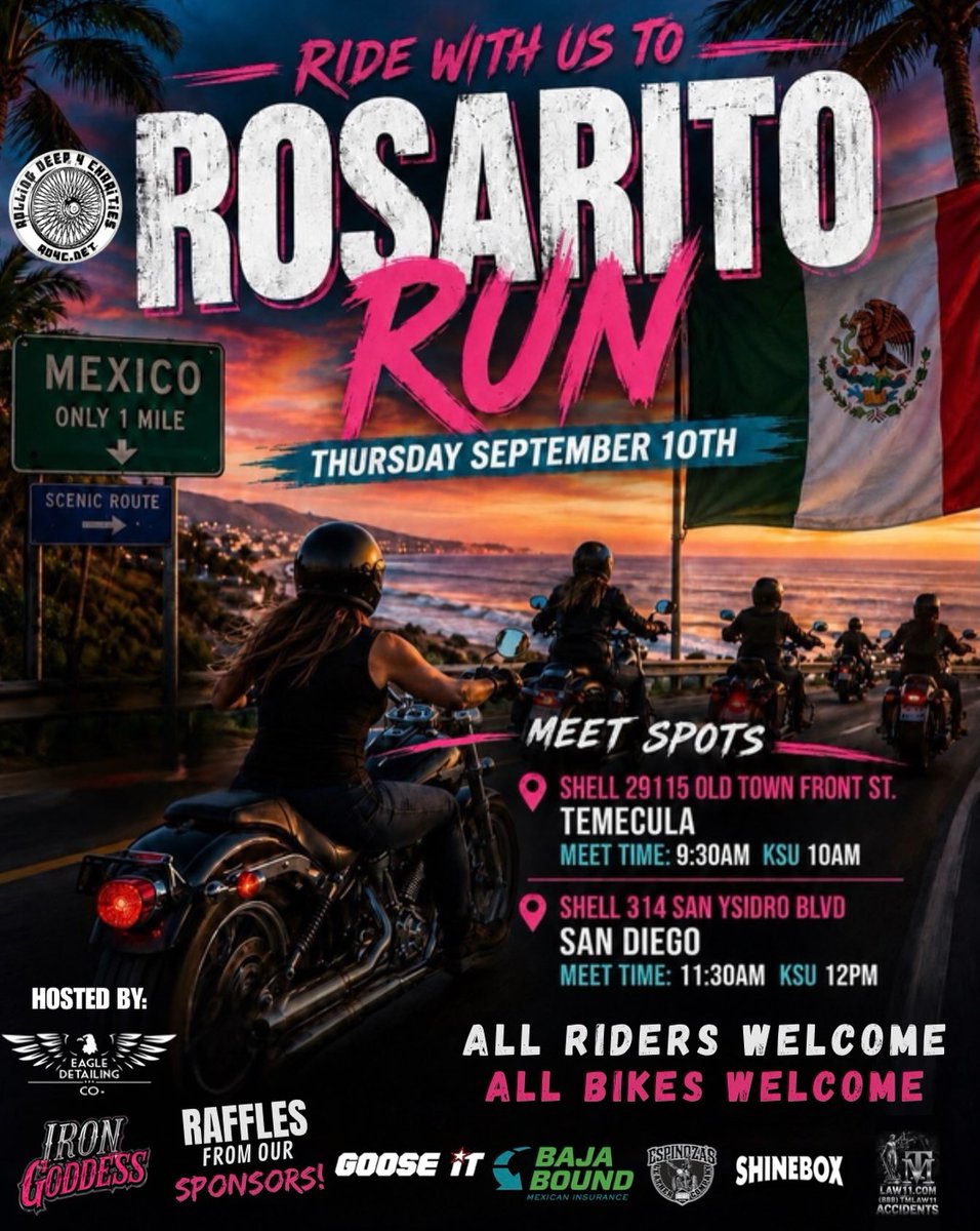 TowandaDegise's tweet photo. Let’s go! You know what time it is! Save the date for our 5th annual Thursday Crew ride to Rosarito. Two meet-up spots, sponsor raffles, and a ride to Puerto Nuevo after check-in. All riders and bikes welcome! https://t.co/nxqnrIc9Bb