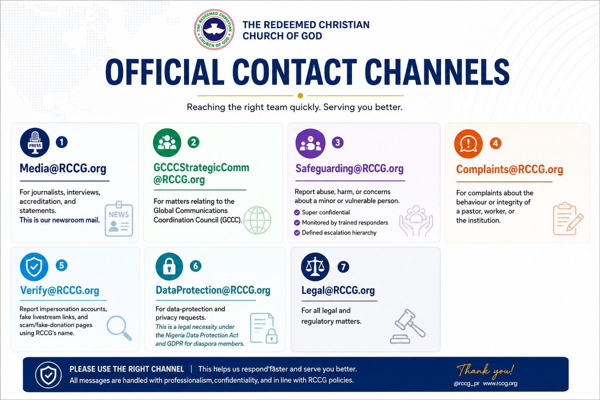 rccghq's tweet photo. In order to serve you better, we have listed out official contact channels for the Church, to enable a clear line of communication.

Please see the flyer for the respective channels and use them appropriately.

#RCCG https://t.co/ncRC3pGzLv