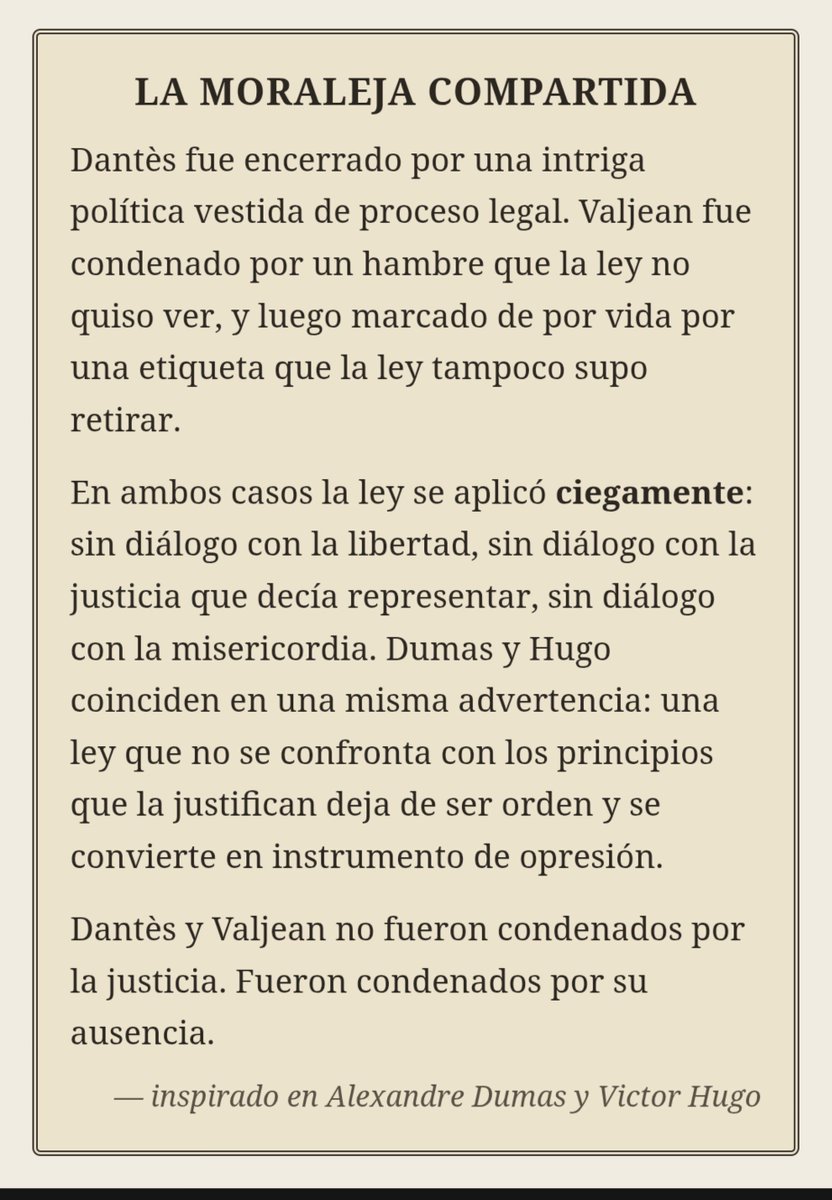 DrGPreciado's tweet photo. #Dumas y #VictorHugo nos muestran que la ley aplicada ciegamente, sin ser conforntada por principios (como la libertad y la justicia misma), puede convertirse en una injusticia extrema. 
La ley no debe ser el paradigma insuperable del orden jurídico, porque cuando ella ocurre, . https://t.co/wRaHbN5HUk