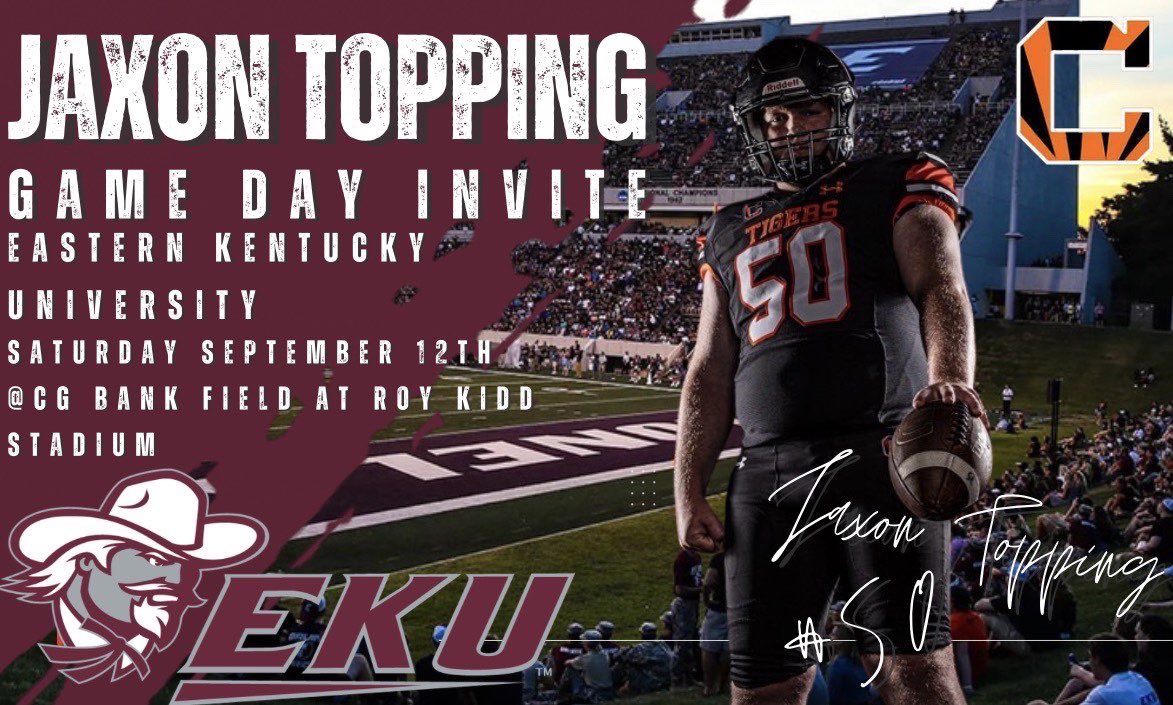 Jaxon_Topping's tweet photo. Very grateful for the opportunity to come out and watch a game! Thank you for the invitation. 
@MikeDDietzel1 
@CoachRav 
@EKUWWells 
@CRHSTigersFB https://t.co/jycoJEUrQb