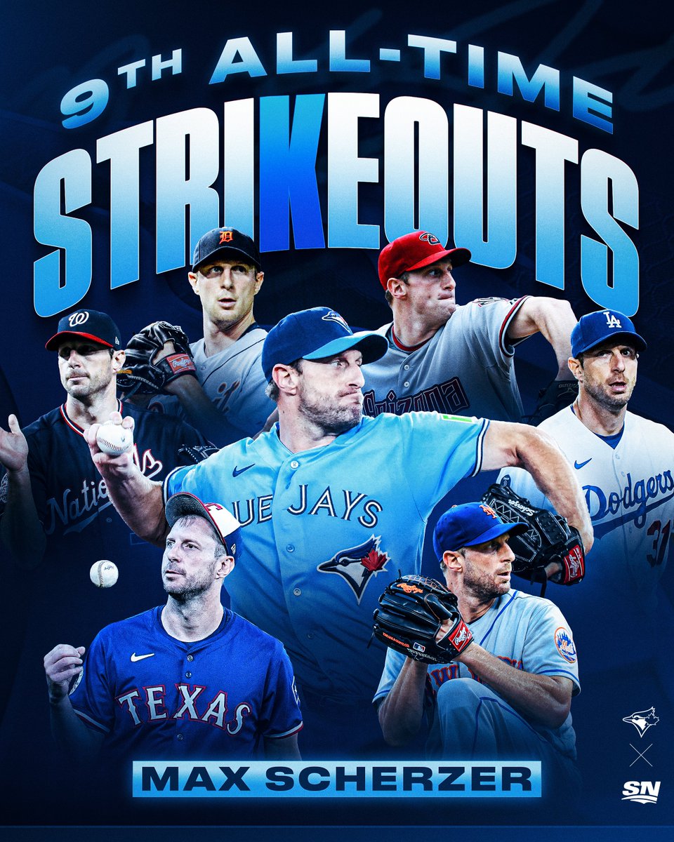 Sportsnet's tweet photo. MAX MOVES UP THE LADDER 🪜

Max Scherzer moves into ninth on the all-time strikeouts list ⛽️ https://t.co/IMr6EJpFF9