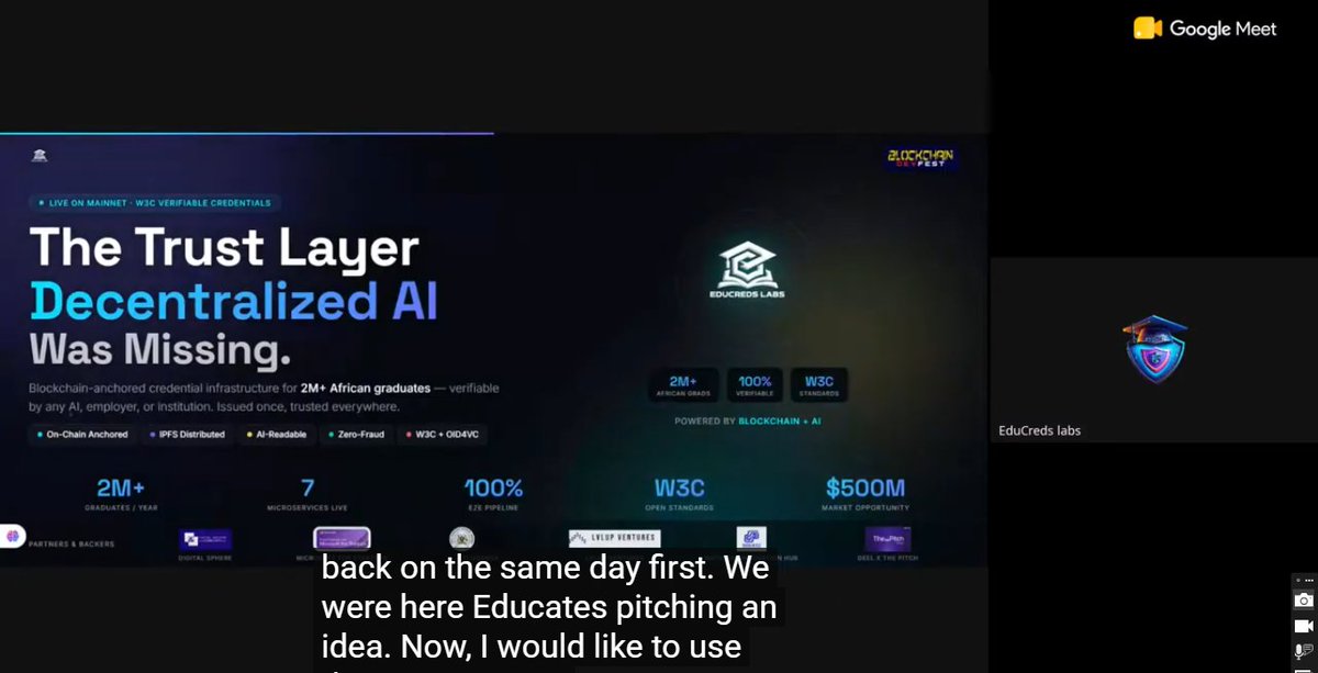 EduCreds_cert's tweet photo. Yesterday at @BChainDevFest  Kampala, we launched our $100K pre-seed round.

Africa graduates 2M+ students/year with zero verifiable, machine-readable proof of their credentials.

AI will make this 10x worse. We're fixing the trust layer.
Check size: $25K | Cap: $2.5M
data room👇 https://t.co/9hvBpnZe79