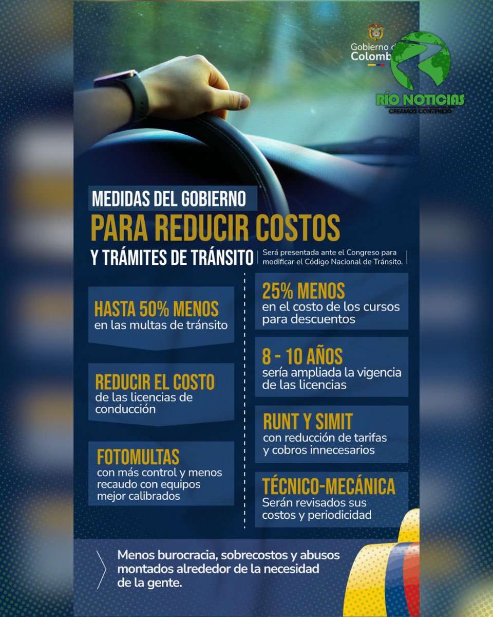 RioNoticiasCo's tweet photo. #Colombia | El Ministerio de Transporte inició la elaboración del borrador de un nuevo Código Nacional de Tránsito, una reforma que busca actualizar las normas que rigen la movilidad en Colombia y que llevan más de dos décadas vigentes.

La propuesta pretende proteger la vida en las vías, reducir los costos para los ciudadanos y eliminar trámites y cobros considerados innecesarios. Entre los cambios planteados están multas más proporcionales a la capacidad económica de los conductores, cursos más económicos y una reducción de algunos cobros asociados al RUNT y el SIMIT.

Además, el Gobierno plantea ampliar la vigencia de las licencias de conducción y establecer plazos más razonables para la revisión técnico-mecánica, junto con una simplificación de trámites que actualmente generan costos y demoras para los usuarios.

La iniciativa también busca evitar que una infracción termine convirtiéndose en una carga económica desproporcionada para las familias, especialmente cuando se acumulan sanciones, intereses, patios y servicios de grúa.

Por ahora se trata de un borrador en preparación, por lo que las propuestas deberán avanzar en el proceso correspondiente antes de convertirse en nuevas reglas para los conductores.