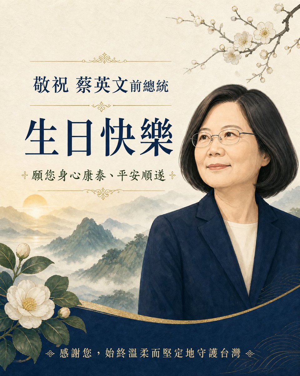 e2uta's tweet photo. 敬祝蔡英文前總統生日快樂！

值此生日之際，
謹致上誠摯的祝福與敬意。 

感謝您長年以堅定的信念
與務實的態度，為臺灣民主發展、
社會進步及國家建設盡心奉獻。 

願您在嶄新的一歲裡，
身心康泰、平安順遂，
生活充滿喜悅與美好， 
持續迎接人生中
每一段充實而精彩的旅程。 https://t.co/g1GDg1QWXH