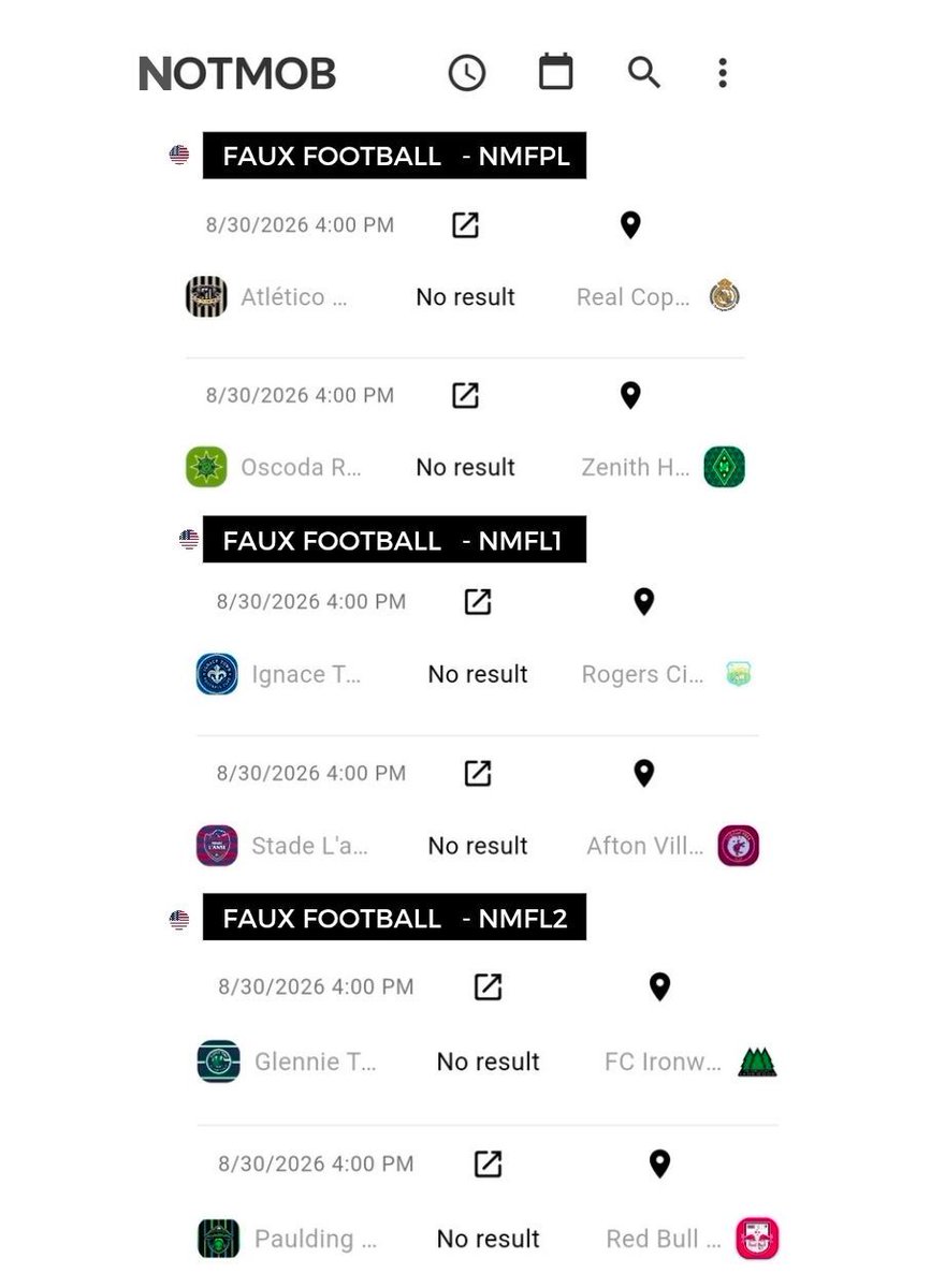 NMFFLsoccer's tweet photo. We've reached the 4pm games. 6 fixtures set to start.

NMFPL
Atlético Alpena v Real Copper Harbor
Oscoda Rising v Zenith Houghton

NMFL1
Ignace Town v Rogers City
Stade L'Anse v Afton Villa

NMFL2
Glennie Town v FC Ironwood
Paulding Invaders v Red Bull TC https://t.co/1UQGBiEU3a