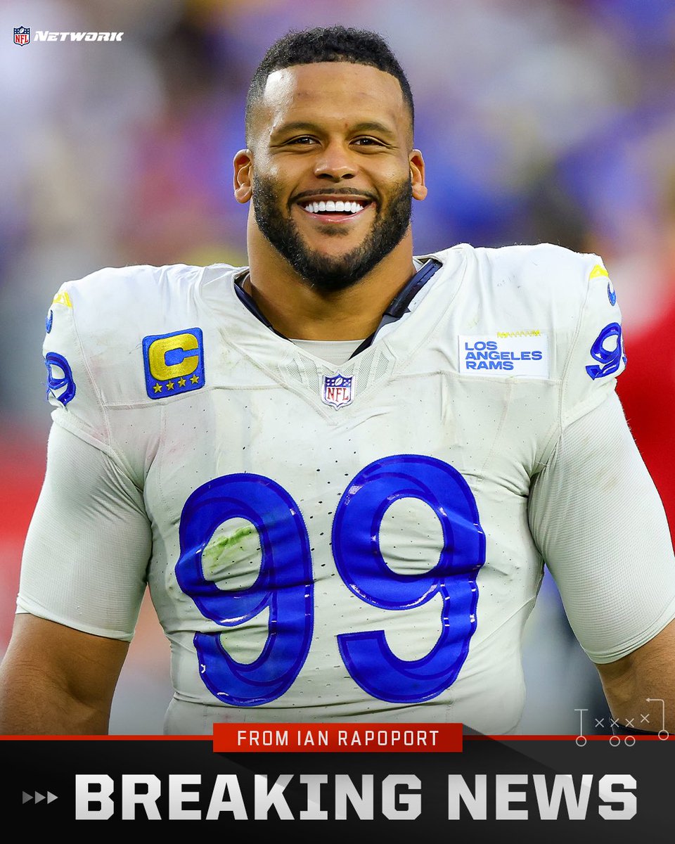 RapSheet's tweet photo. 🚨  🚨 🚨 

AD is B-A-C-K: #Rams star Aaron Donald is coming of retirement to play for his old team with a 1-year, $20M deal with playoff incentives up to $30M, per me and @AdamSchefter.

After two seasons away, Donald will play alongside Myles Garrett in a star-studded D-line. https://t.co/2g65n8qI2s