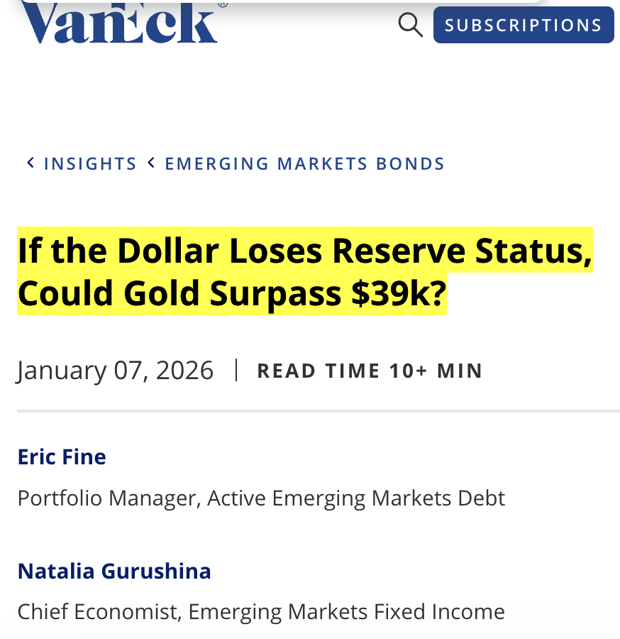 GoldSilverHQ's tweet photo. The Math That Puts Gold at $39,000 - or $184,000.

Core question: 

What gold price would be needed if gold fully replaced the US dollar as the global reserve asset?
Method: They divide central bank money liabilities by official gold reserves.

Key results (weighted by FX turnover):

Using M0 (monetary base) → gold ≈ $39,000/oz
Using M2 (broader money) → gold ≈ $184,000/oz

Their actual view: 

The dollar will not lose reserve status completely. It will more likely share that role with gold and some emerging-market currencies.

Context they highlight:
Central banks have been buying gold heavily since Russia’s reserves were sanctioned.
Developed markets keep expanding money (fiscal dominance).

Some countries (e.g. Russia, Kazakhstan) already have high gold coverage; others (Japan, UK) look very leveraged.

China would need to buy hundreds of millions of ounces to fully back its money with gold.

Bottom line of the piece:
A pure mathematical exercise showing how high gold would need to go in a full “gold replaces dollar” scenario — not a base-case forecast.