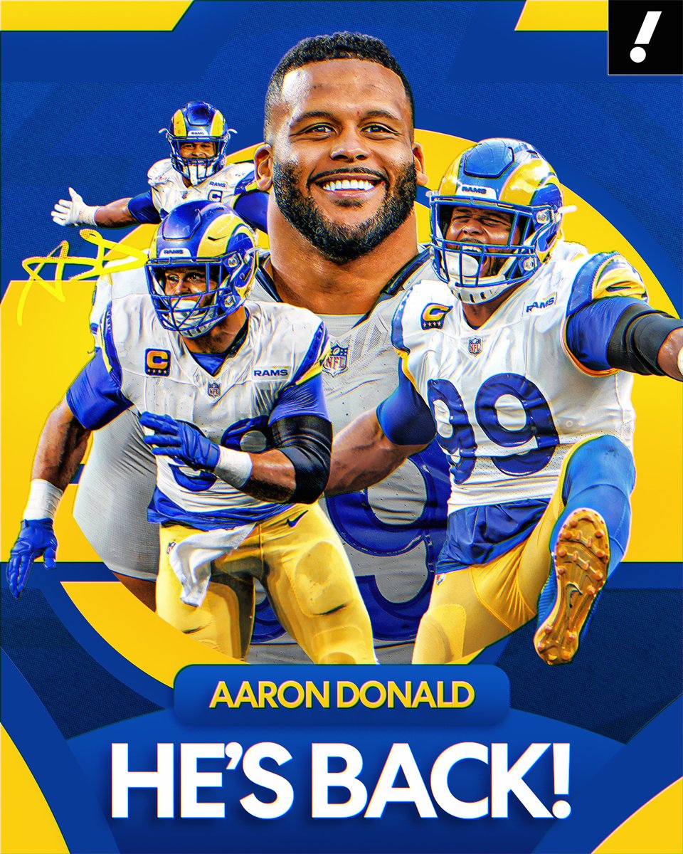 YahooSports's tweet photo. BREAKING: Aaron Donald is coming out of retirement and is signing with the Rams on a one-year, $20 million deal with playoff incentives up to $30 million, per @RapSheet and @AdamSchefter.

The 3-time DPOY and Super Bowl champion is BACK in Los Angeles 🐏 https://t.co/e3dHrK1jmN