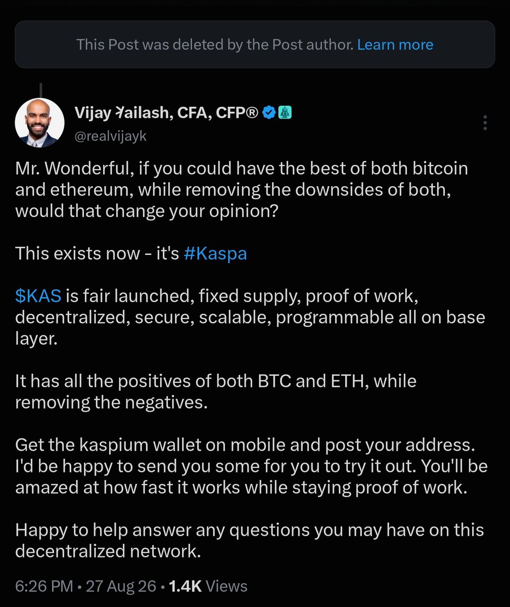 realvijayk's tweet photo. Sigh, @kevinolearytv deleted his post where he was saying Bitcoin and Ethereum are all we need.

I wonderful if he saw my comment about $KAS https://t.co/WD43e6hZag