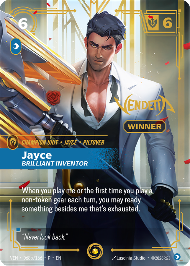 waywardcxnnibal's tweet photo. "Jayce, Brilliant Inventor (Exclusive Art)" Riftbound Vendetta Regional Qualifiers Top 8 &amp; Winner promo card, illustrated by Luscinia Studio. https://t.co/XSggH3ZYIi