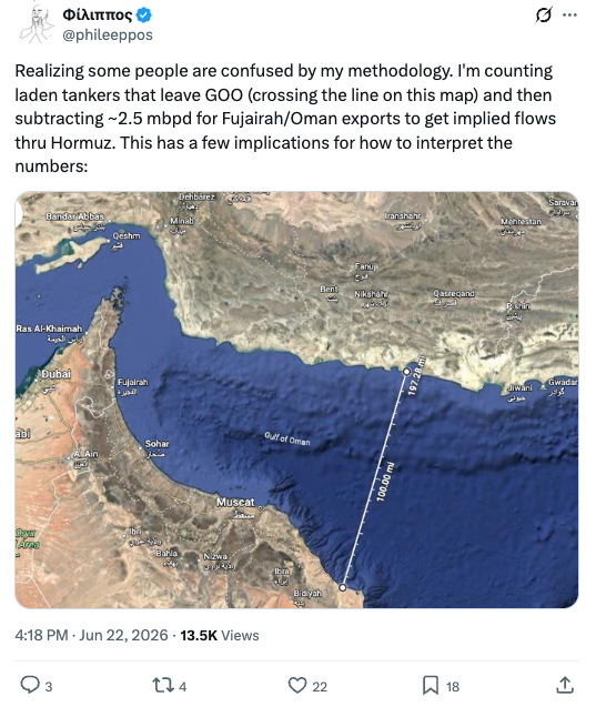 phileeppos's tweet photo. Funny to see players like Kpler just now catching on to a hormuz tracking methodology I've been using for 3 months to catch flows they were missing. Wonder if they saw my tweets? 🤔 https://t.co/n9BbQKaj6Q