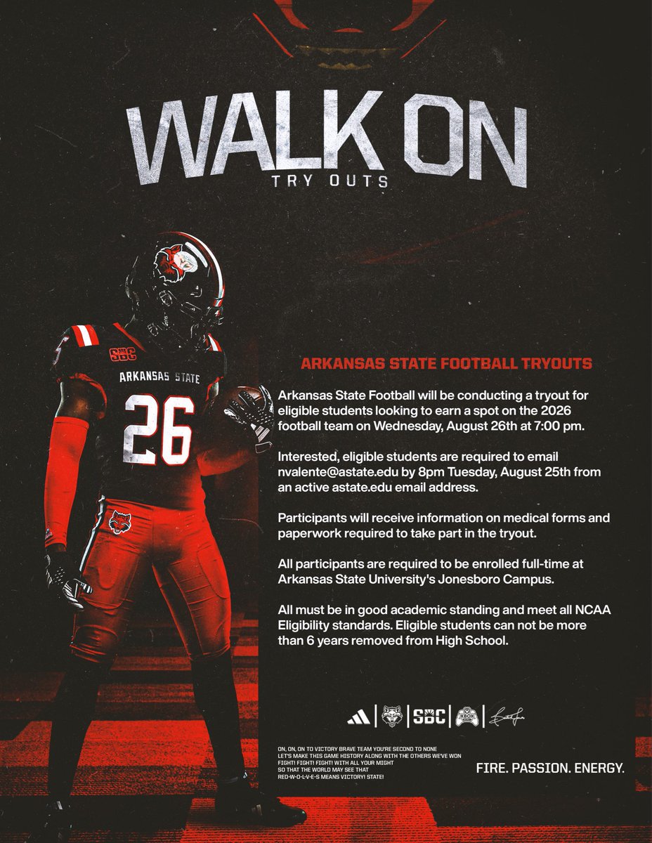 AStateFB's tweet photo. 🚨 Date Change 🚨
Walk-On Tryouts will now be held on Wednesday, August 26th‼️

📧 Email nvalente@astate.edu by  8:00 PM Tuesday, August 25th for more information on how to register

#WolvesUp🐺 https://t.co/afrEVURaAp