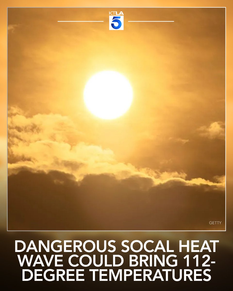 KTLA's tweet photo. Southern California’s already sweltering temperatures are expected to climb even higher this week, with some areas potentially reaching 112 degrees as a prolonged heat wave tightens its grip on the region. https://t.co/W5yUqTteVs https://t.co/pSB1y0YJGw