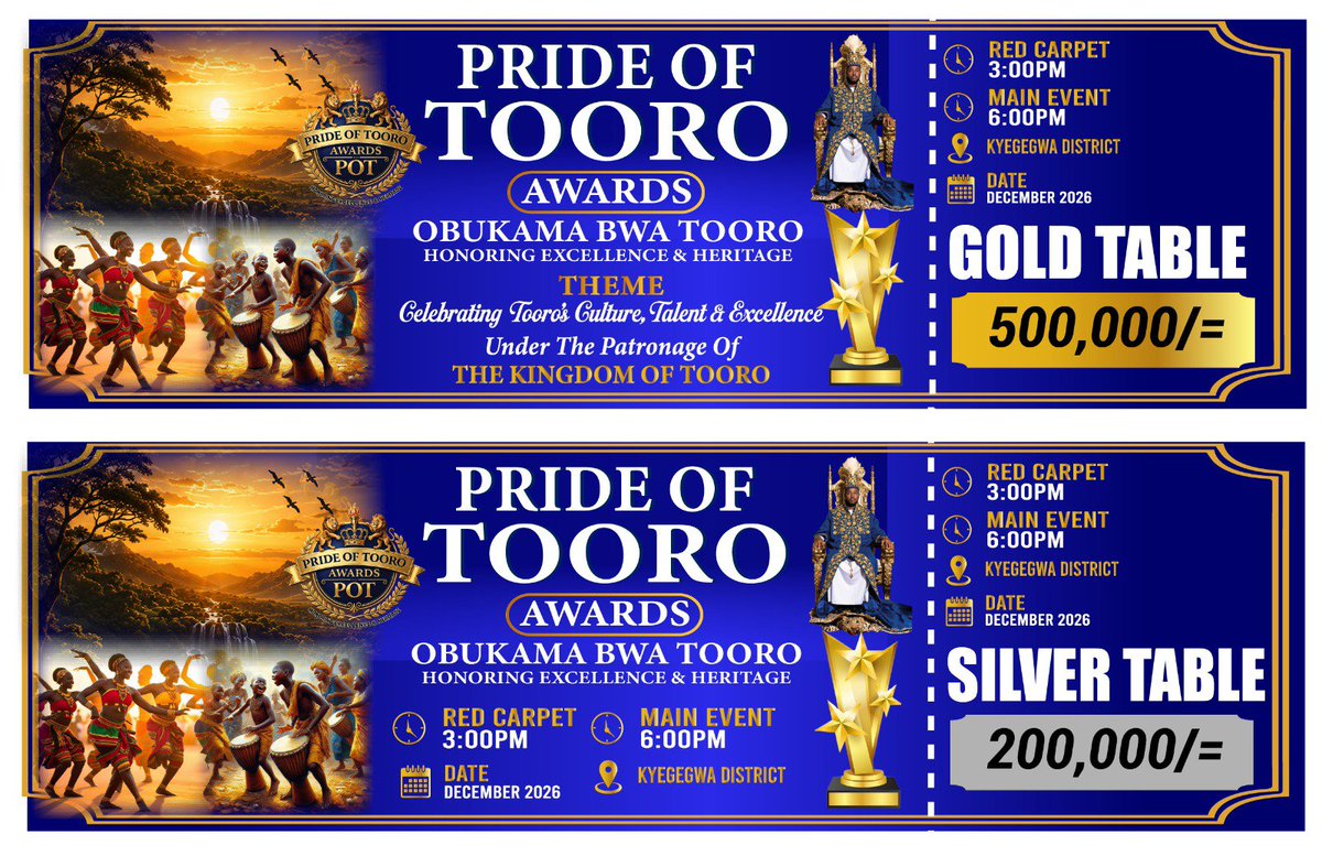 GenalUg's tweet photo. Tickets for the #PrideOfTooroAwards are already out grab yours before they last all roads to Fort Portal honoring Excellence and Heritage https://t.co/JtAqwk12rW