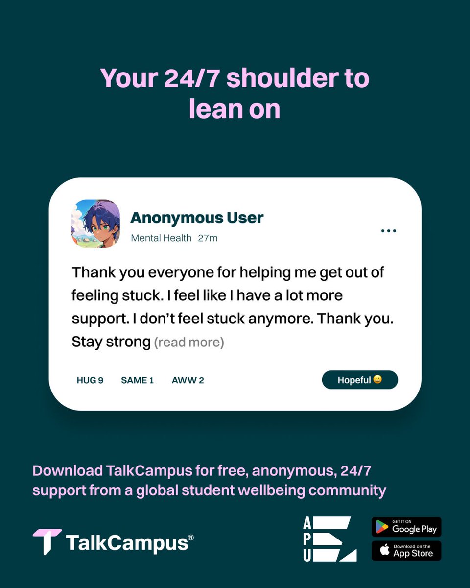 AmericanPublicU's tweet photo. You don't have to deal with it alone.
Download TalkCampus from the app store to connect anonymously to other students navigating through the same challenges. Sign up for free with your student email address at https://t.co/mgjZflfsp3 

@TalkCampus_App #MentalHealthMatters https://t.co/NNYsEDr0Fh