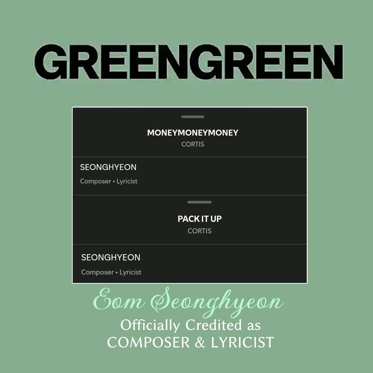 eomlandvnfp's tweet photo. #SEONGHYEON is officially credited on CORTIS 2nd EP 'GREENGREEN_playextended' tracks "PACK IT UP" &amp; "MONEYMONEYMONEY as :

✦ Composer
✦ Lyricist

GENIUS SONG WRITER SEONGHYEON 🔥

#SEONGHYEON #성현 #ソンヒョン
#CORTIS #코르티스 #엄성현 https://t.co/37nBLnVdnw