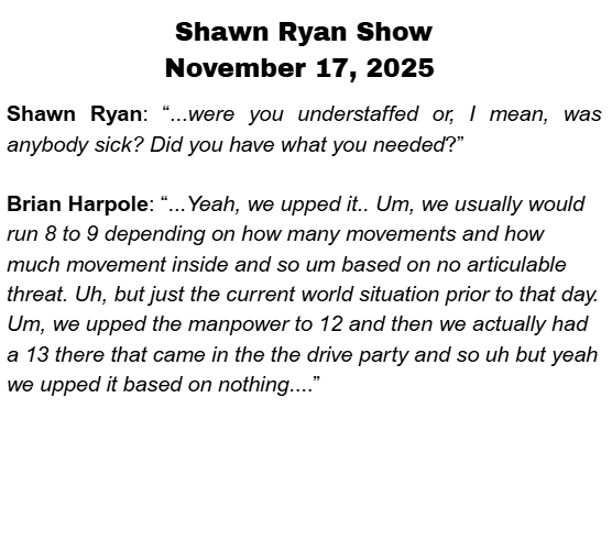 itsadahliadaze's tweet photo. Per Brian Harpole, there was NOT a specific threat that they were concerned about for Charlie's UVU event on 9/10 (beyond the roof above Charlie's head). 

However, between 6:48pm (on 9/9/25) and the event on 9/10/25---Brian added TWO additional men. 

In the texts (so graciously released by Andrew Wilson) Charlie was told there were "11 onsite".

And, in the interview with Shawn Ryan, Harpole said they had "upped" the manpower to 13. 

If there was not a specific threat, why did Harpole up the crew to 13? 

I wonder who the two "extra" men were.......