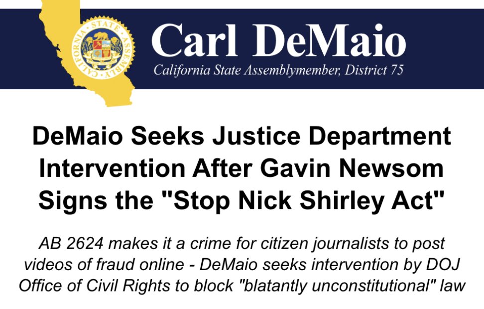 carldemaio's tweet photo. BREAKING: Gov. Gavin Newsom just signed the "Stop Nick Shirley Act" (AB2624) into law! 

I'm asking the US DOJ to intervene immediately to block this blatantly unconstitutional law from taking effect!  MORE: https://t.co/6DpE4OncXb