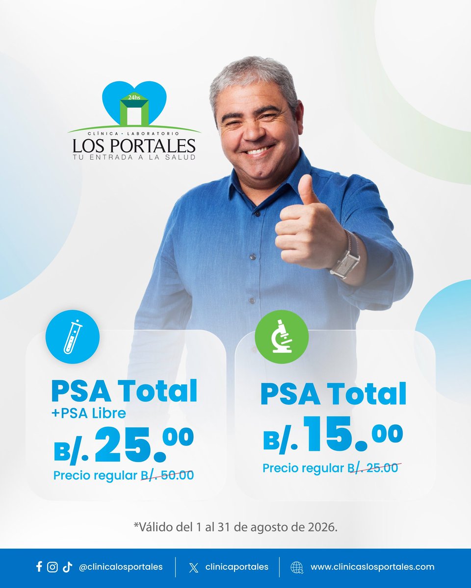 clinicaportales's tweet photo. Aún estás a tiempo de aprovechar nuestra promoción en PSA:
🔹 PSA Total – B/.15.00
🔹 PSA Total + PSA Libre – B/.25.00
Promoción válida durante todo el mes agosto de 2026. Consulta las condiciones correspondientes para cada prueba.
#LaboratorioClinico #SaludPanama #Prevencion https://t.co/xY3ln9U39G