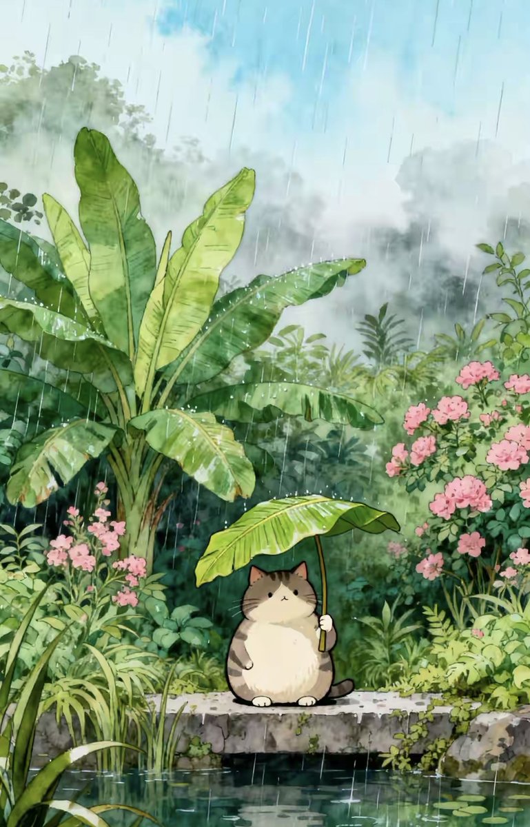 Asaplingling's tweet photo. Rainy side street, a cat curled on a wet store step watching passersby rush with umbrellas. Small quiet moment in the busy city. https://t.co/pfKIGu67rj