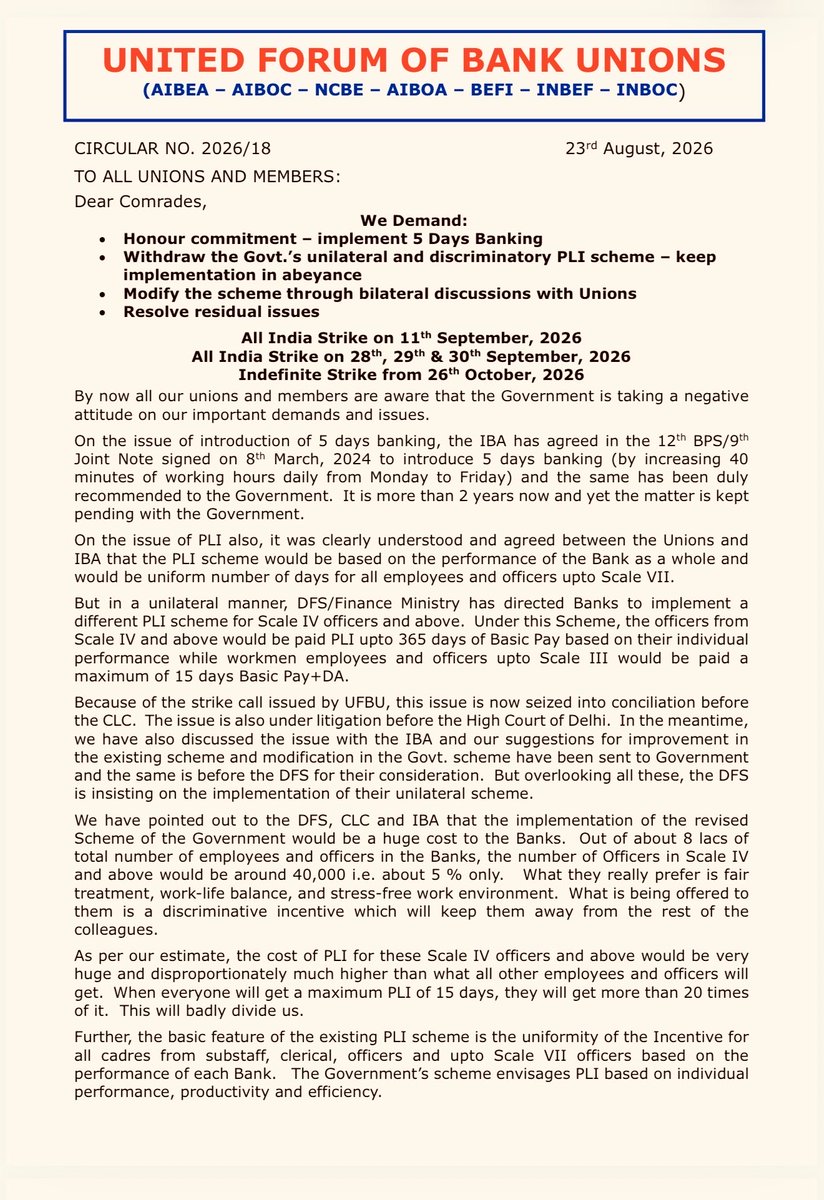 TamalBandyo's tweet photo. All India bank strike on Sept 11, Sept 28-30 and indefinite strike from Oct 26.  United Forum of Bank Unions has given the strike call — on a string of demands, including 5-day banking a week. https://t.co/4DGXo8qX8M