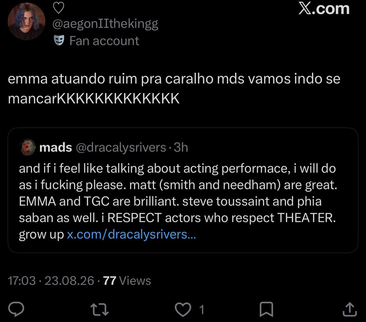 xdamseldevoteex's tweet photo. remember when I said it’s never just ewan mitchell and harry collett, but emma d’arcy too? it is always the exact same pfps and usernames across this app and reddit saying the absolute most insane, galaxy-brain shit. https://t.co/6QFdkZ7qL1