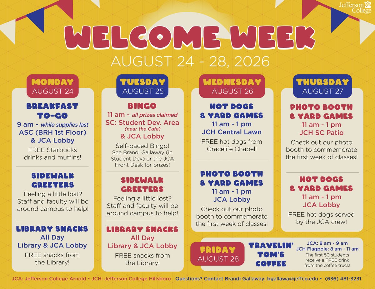 GoJeffco's tweet photo. Welcome Vikings! Throughout the week, Jefferson College will be having --

🌭 Hot Dogs
📸 Photobooth
☀️ Grab-n-Go Breakfast
✨ Self-paced Bingo!

Be sure to check the Welcome Week Schedule for full details of this week! https://t.co/FU2fDxhTur