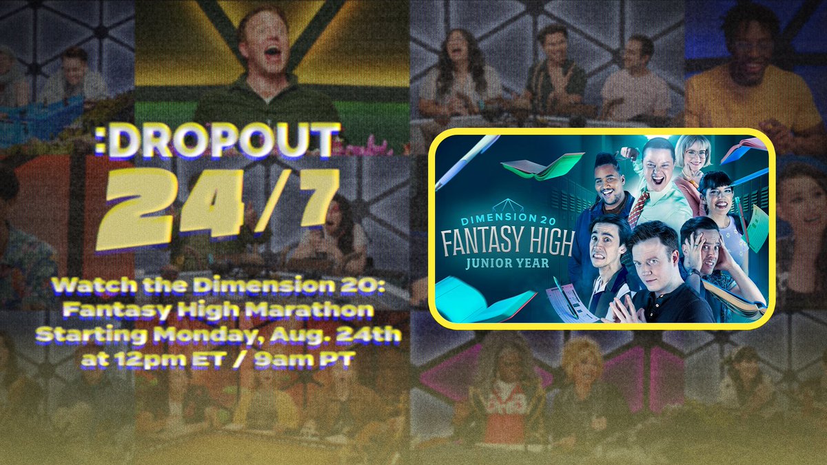 dimension20show's tweet photo. 🏫📚A BACK TO SCHOOL MARATHON ON DROPOUT 24/7!

We're playing all of Dimension 20: Fantasy High seasons 1, 2, &amp; 3 back-to-back on Dropout 24/7 starting Monday, August 24th, at 12pm ET / 9am PT - lasting until Sunday, August 30th! https://t.co/PMwg9DYnes