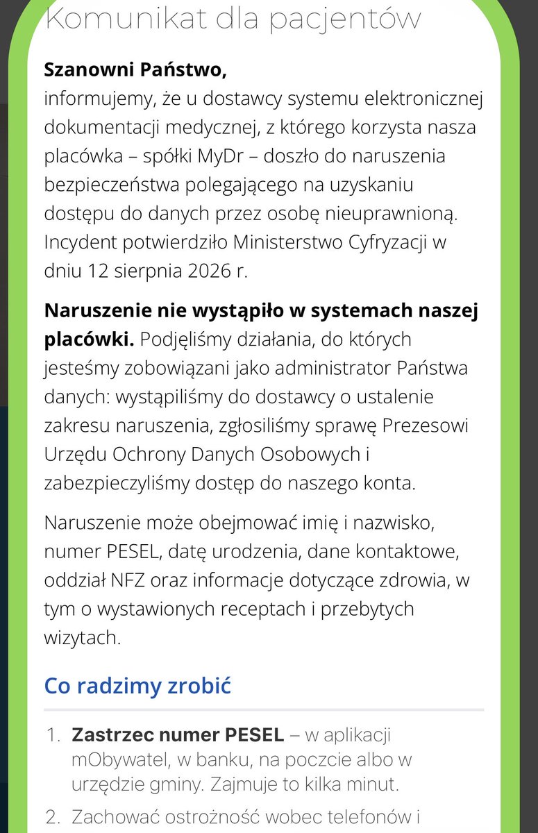 prywatnik's tweet photo. A pamiętacie jeszcze o tym że dane medyczne 19 000 000 Polaków (w uproszczeniu) można było sobie ściągnąć z serwerów tej firmy? Nie? W przyszłym tygodniu będzie można o tym ponownie usłyszeć. Swoją drogą, oni naprawdę uważają że zastrzeżenie pesel rozwiązuje sprawę wycieku danych medycznych? Niezgodnie ze stanem faktycznym twierdzą też, że sam fakt ujawnienia danych medycznych nie oznacza że doszło do szkody. Szkoda może wychodzić znacznie bardziej poza „dane finansowe” (PESEL) itp. Oni wszyscy zdają się działać wedle jakiejś dziwnej rady prawnej. pozostaje mieć nadzieję, że ktoś to naprostuje. Np. UODO.  #RODO