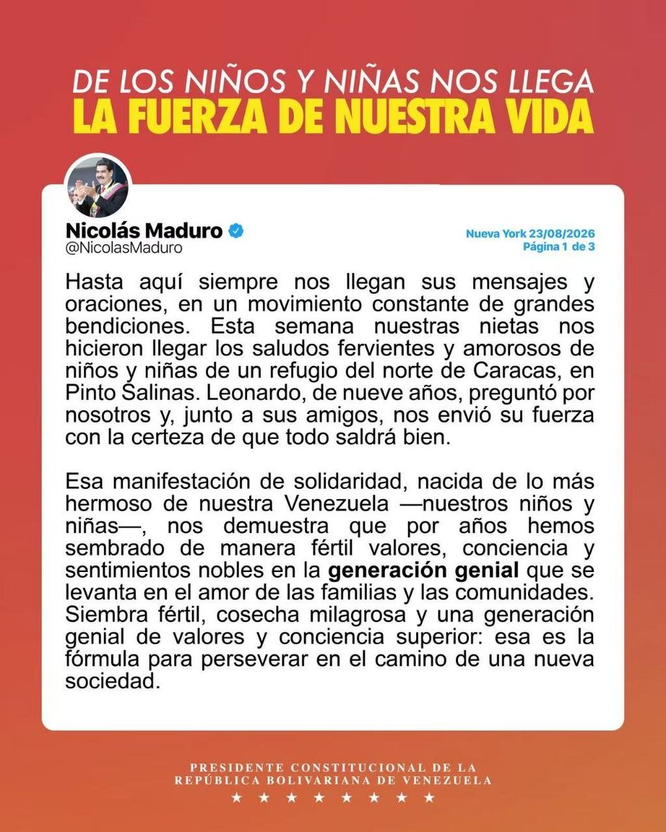 NicolasMaduro's tweet photo. Nos llegan sus mensajes y oraciones que se convierten en bendiciones. De los niños y niñas nos llega la fuerza de nuestra vida.

¡Que viva la vida y el amor!
¡Dios está con nosotros! ¡Bendiciones! https://t.co/NYdiuZkSLK